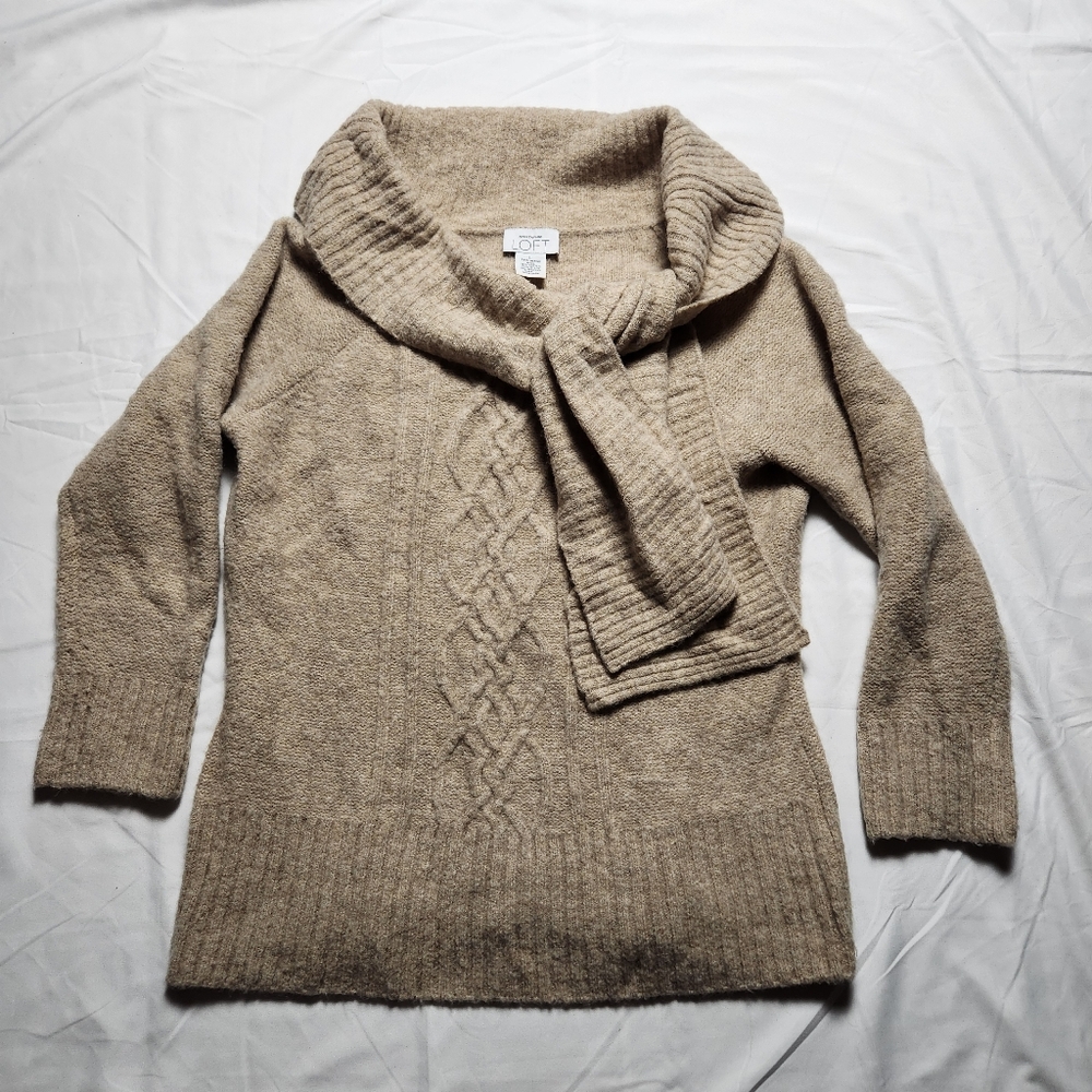 Loft Womens Large Merino Wool Blend Cowl Neck Cable Knit Sweater Tan Beige